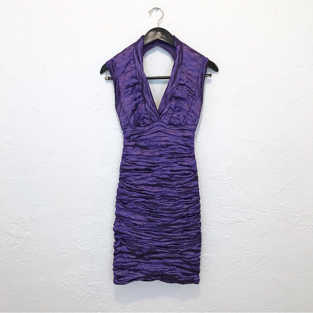 Vintage Nicole Miller Ruched Bodycon Mini Dress Purple Taffeta 2